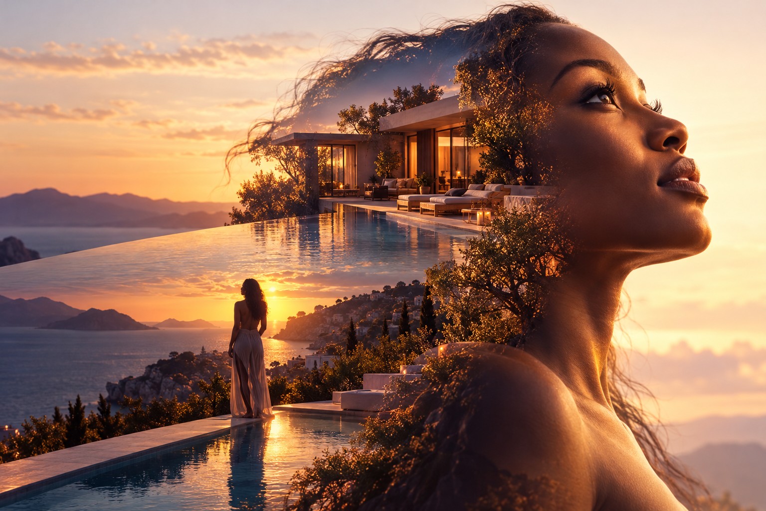 A woman in profile looking up at the sky, with a sunset coastal villa and pool visible inside her silhouette