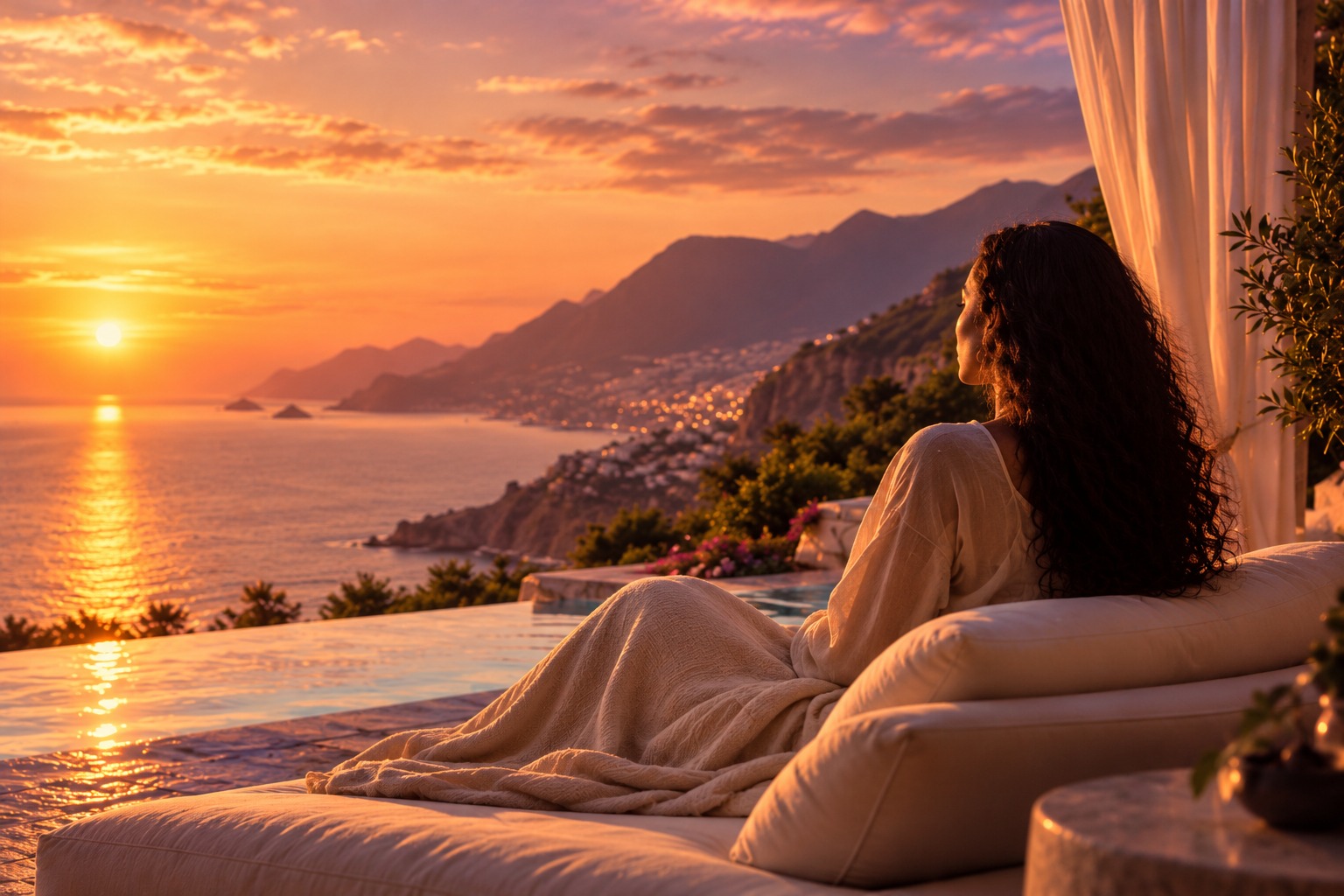 Concept image: a woman relaxing on a lounger at sunset, looking out over the sea and mountains