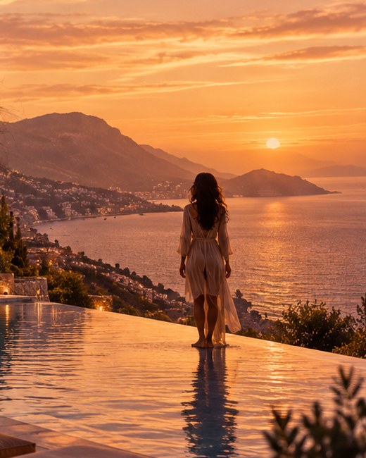 A coastal villa with a pool at sunset and a woman looking out to sea